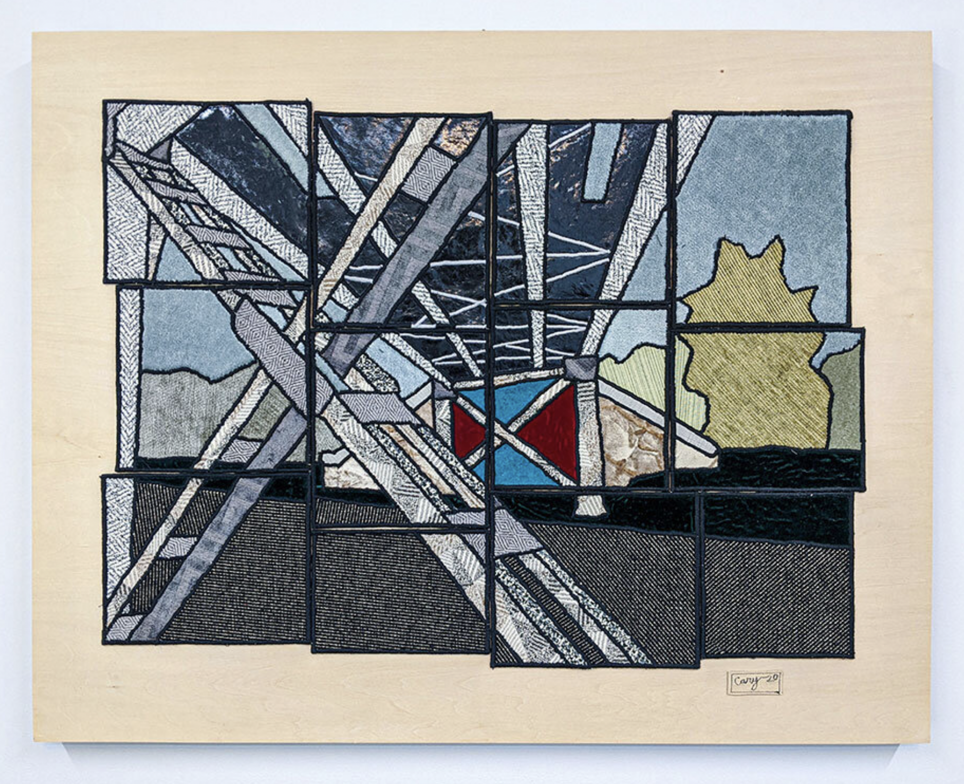 "Piers South Street", 24"x30", Fabric & stitch on birch panel // Caitlin Cary