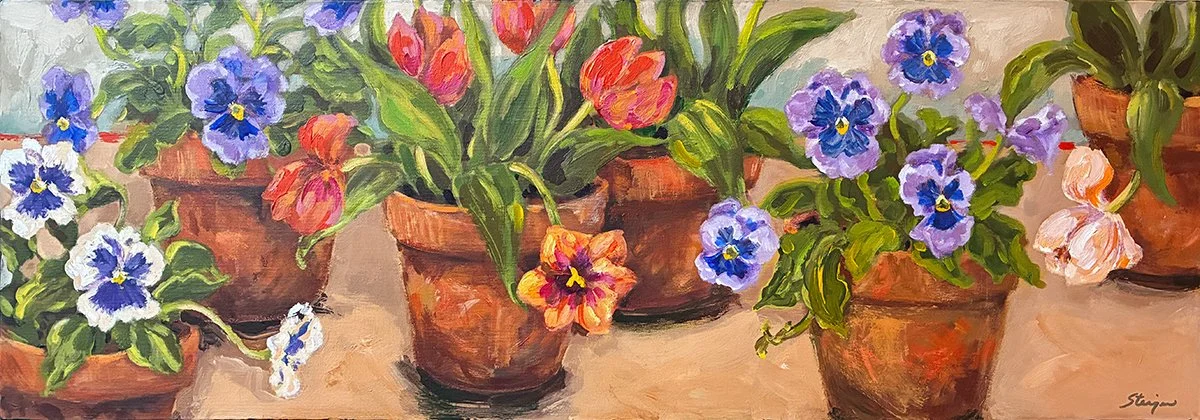 "Terracotta Pots", 36x12 Acrylic on canvas // Katherine Steiger