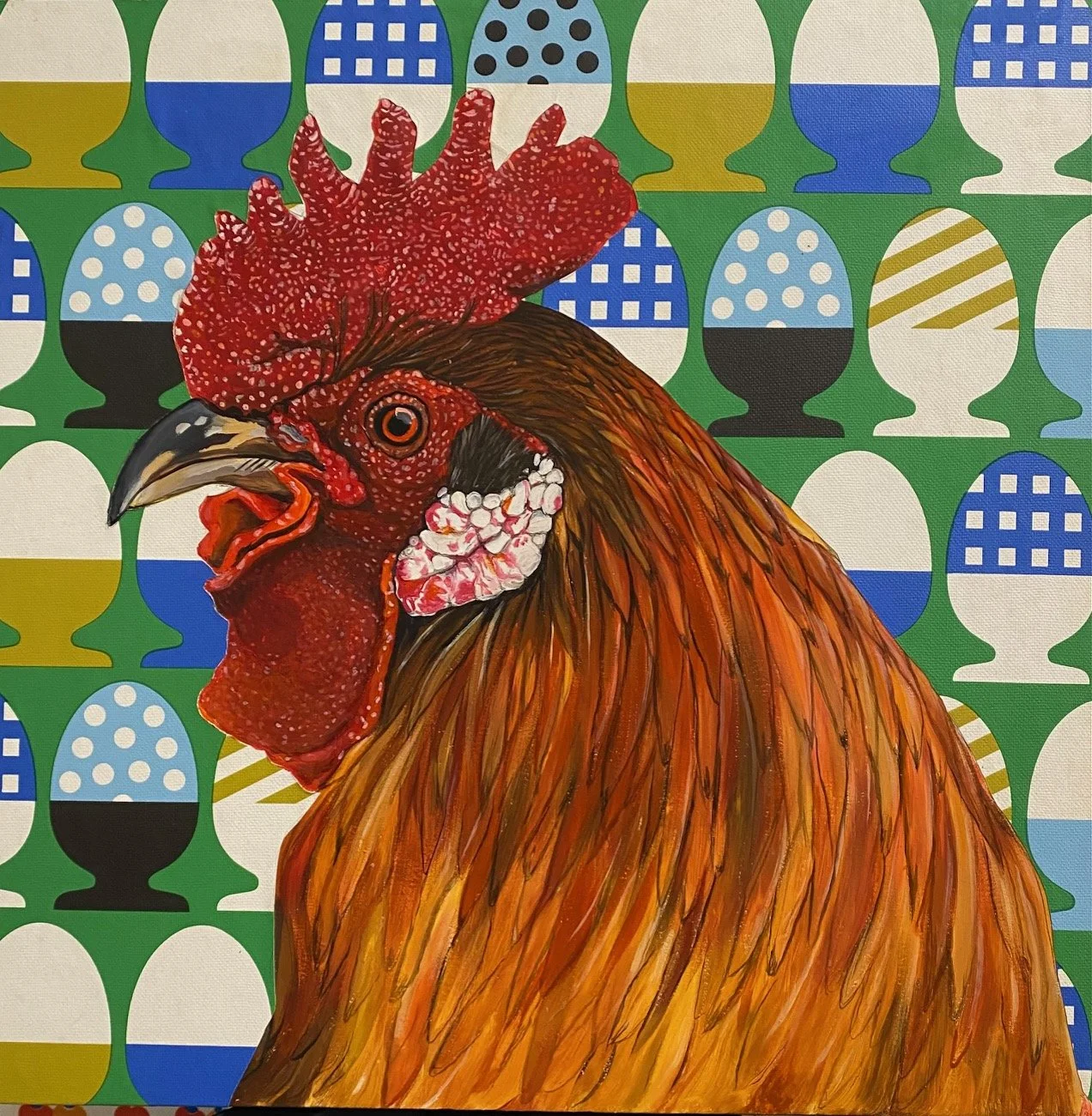"Red Rooster", 18x18 gouche, wallpaper and glitter on panel // Jennifer Clifton