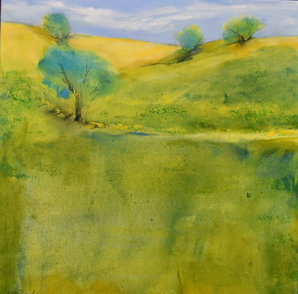 "Yellow and Green Spring", 30"x30" Acrylic and cold wax on canvas // Dawn Marie Rizzo