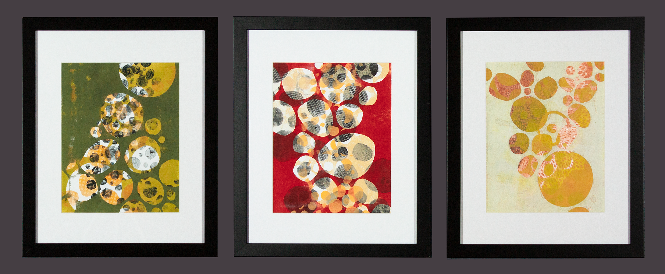 "Crown Mountain Road," "BRB Todd G," "Bonne Resolution II", each 18x22 (framed) Gelatin monotype print on bristol (Can hang separately or as triptych) // Laurie Smithwick
