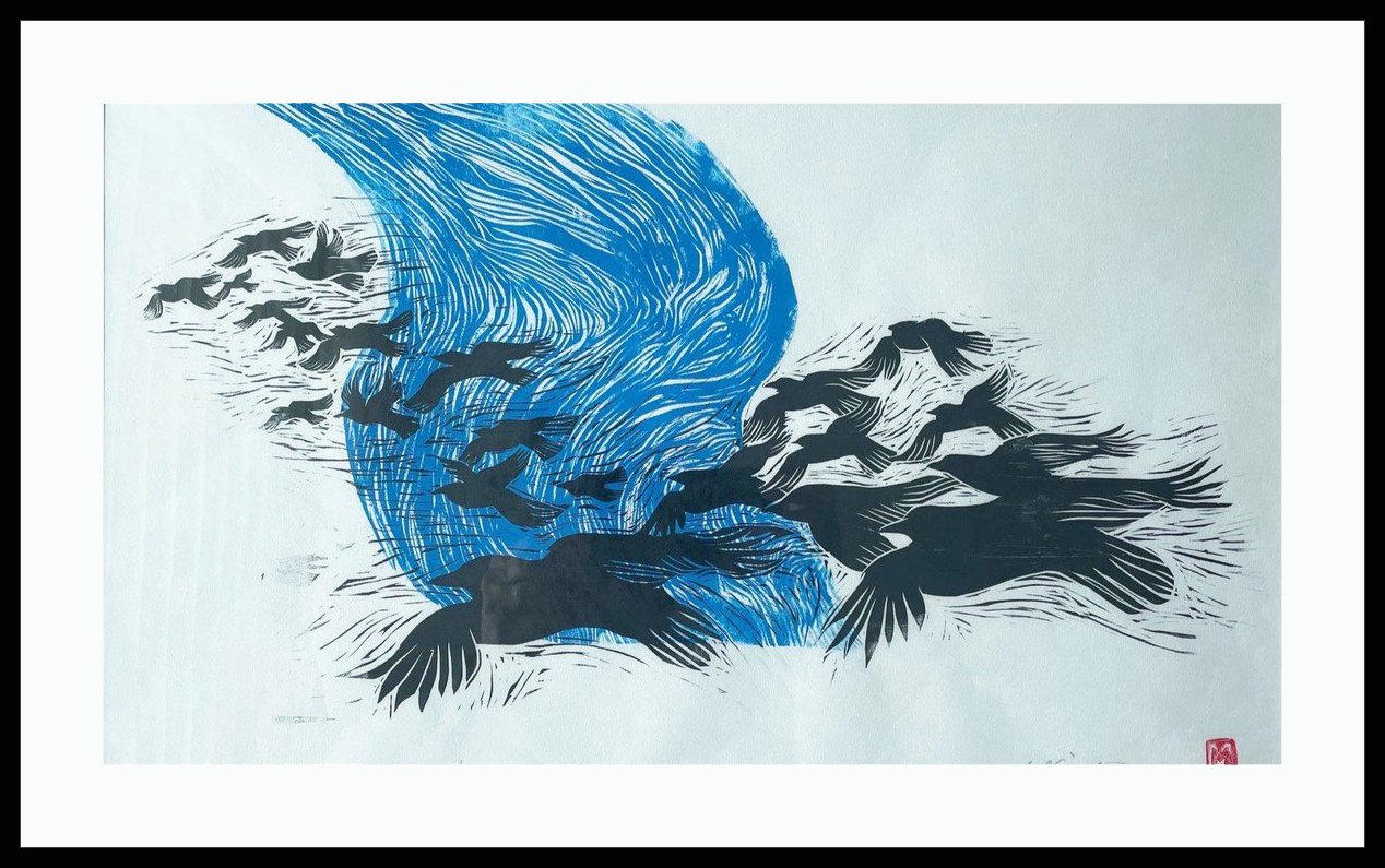 "Birds Crossing a River", 27x24 Framed woodcut print // Michael Winslow