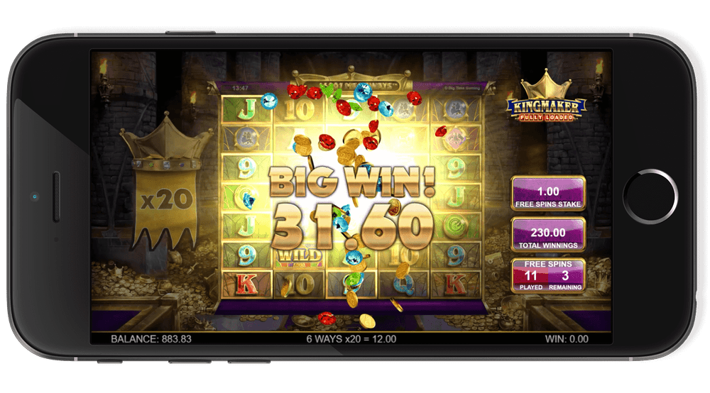 Στιγμιότυπο από το Kingmaker Casino App, που δείχνει μια μεγάλη νίκη σε κουλοχέρη στο κινητό