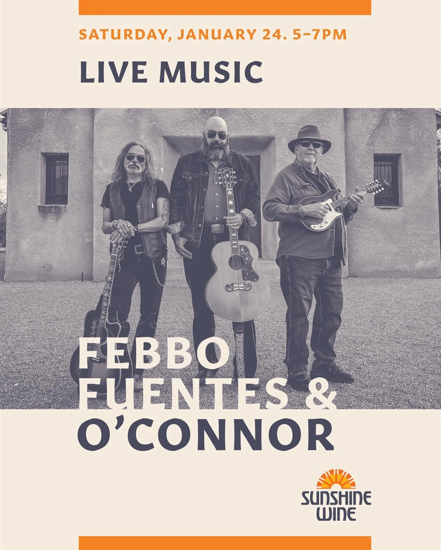 Join us Saturday January 24th for live music on the patio with Febbo Fuentes and O&rsquo;Connor from 5-7pm! Come early and stay late! See you there. 

#TucsonWineBar #DrinkLocalTucson #SupportLocalAZ #TucsonEatsAndDrinks #AZWineScene