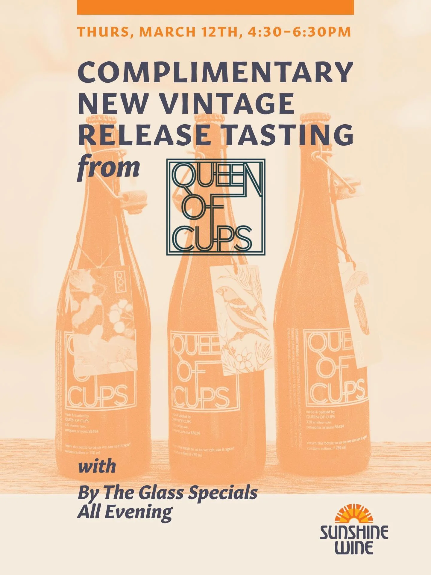 Join us Thursday, March 12th at 4:30pm for complimentary new vintage release tasting from @queenofcupswines, with by the glass specials all evening. Event runs until 6:30pm! Hope to see you there! 

#TucsonWineBar #DrinkLocalTucson #SupportLocalAZ #T