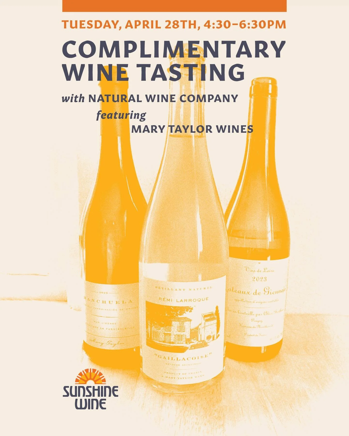 Join us this coming Tuesday April 28th for complimentary wine tasting with @thenaturalwineco featuring wines from @marytaylorwine! Starts at 4:30 and goes until 6:30! Stay for wine &amp; dine at 7! See you there!

#TucsonWineBar #DrinkLocalTucson #Su