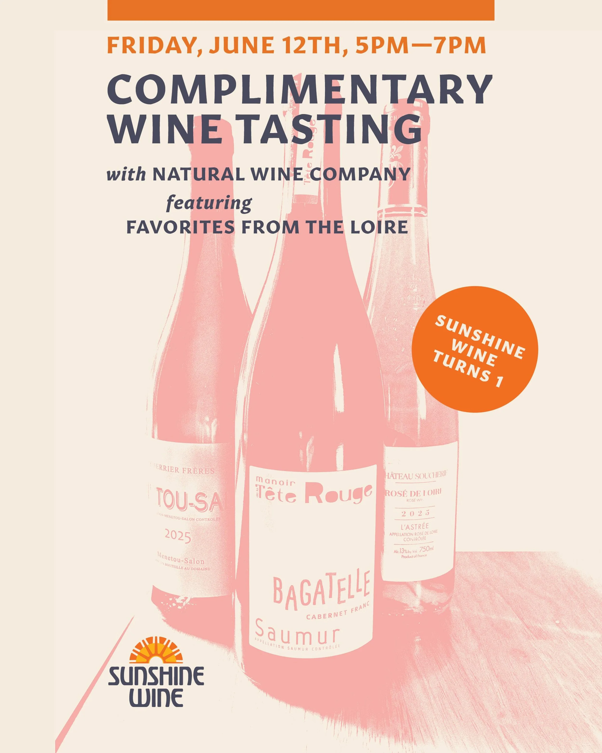 Sunshine Wine Turns 1! Complimentary wine tasting with Natural Wine Company, featuring favorites from the Loire, this Friday; June 12th 5pm to 7pm!

#TucsonWineBar #DrinkLocalTucson #SupportLocalAZ #TucsonEatsAndDrinks #AZWineScene
