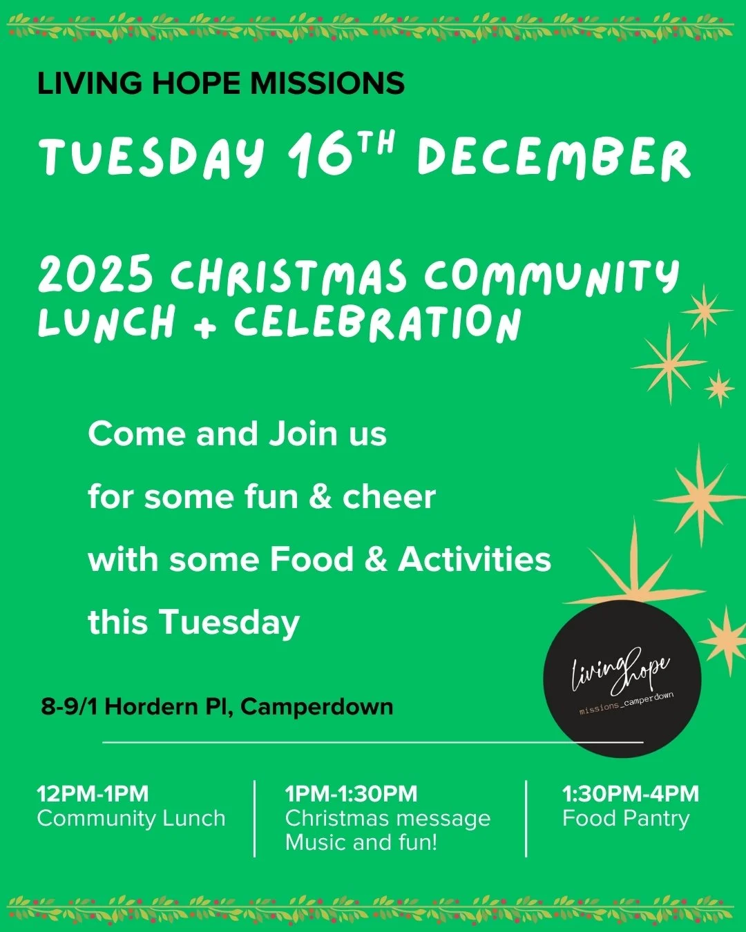 This Tuesday we are doing a Christmas Celebration to spread the Christmas Cheer to everyone we can. Be part of the festivities and get some food &amp; drink this Tuesday at Camperdown Quarters.