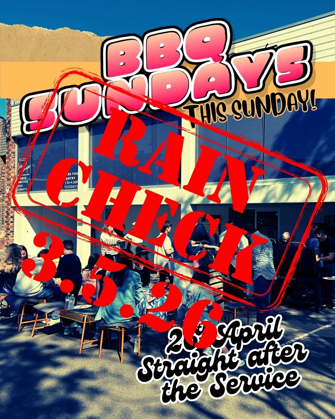 We&rsquo;ve decided to move our BBQ to next Sunday, May 3rd so more of our church family can be there with us! 😊

We&rsquo;re really looking forward to sharing a great time of food, connection, and community together&mdash;so mark your calendars and