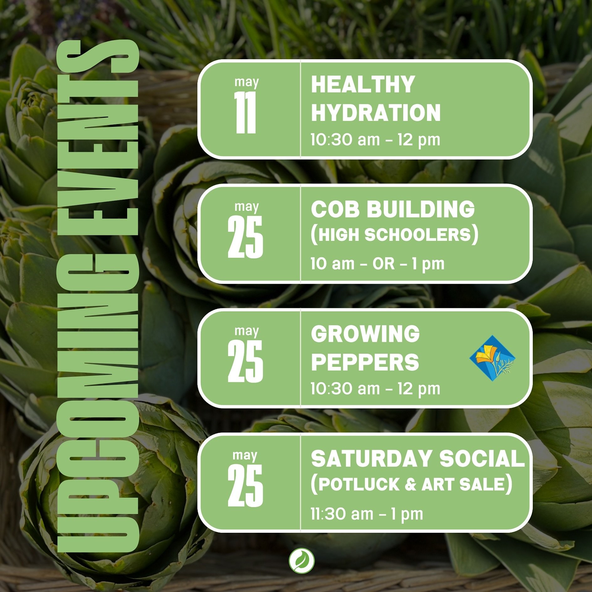 Upcoming events this month! Sign up on the Events page on our website: 

🌱 learn how to use herbs and fresh fruit to make healthy hydrating drinks

🌱 learn to build a cob bench using natural building materials. This workshop is being offered for fr