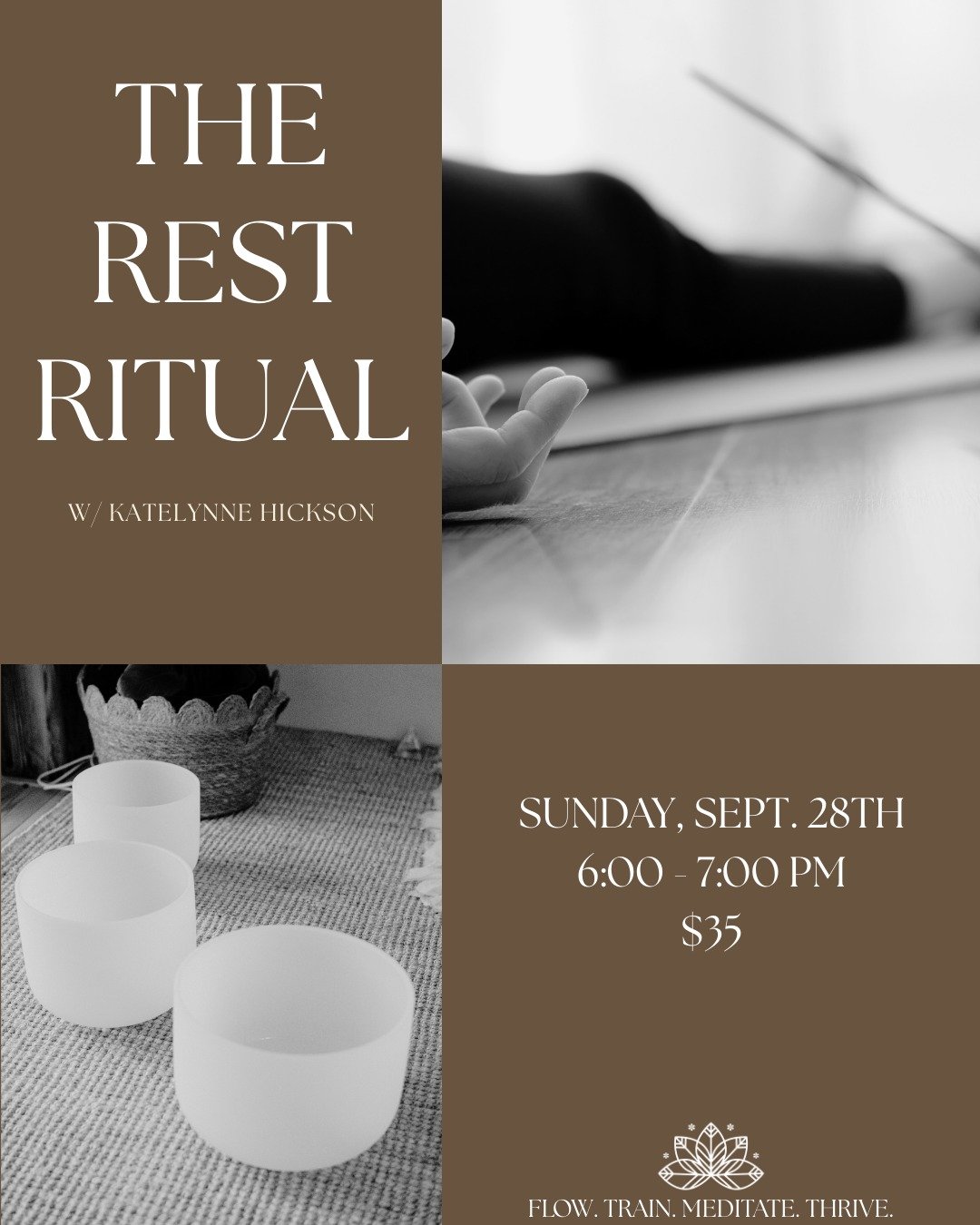 ✨ The Rest Ritual ✨

Sunday, September 28 | 6&ndash;7 PM
$35 per person

End your month with deep rest + renewal. 

Join Katelynne for a 60-minute ritual of gentle restorative yoga + an immersive sound bath.

No experience needed&mdash;just bring you