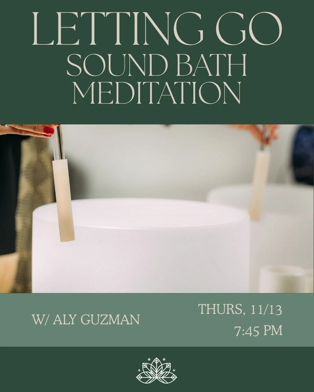 Your body knows what peace sounds like. It&rsquo;s just been too loud to hear it.

On Thursday, Nov 13 at 7:45 pm, Aly brings the room back into tune.

Every vibration from her crystal bowls, wave drum and koshi chimes rewires your stress response &m