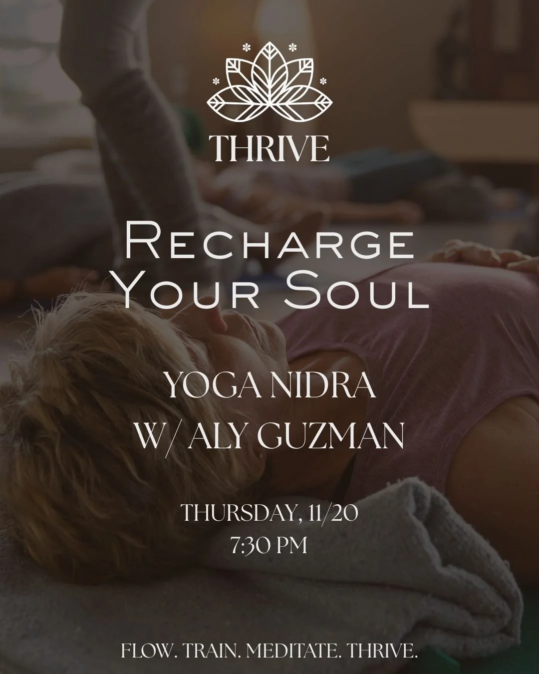 Pop-Up Yoga Nidra with Aly
Thursday, November 20th | 7:30 PM

Let Aly guide you into deep stillness through the ancient practice of Yoga Nidra, a meditative journey designed to melt away stress and reset your mind, body, and energy.

No movement, no 