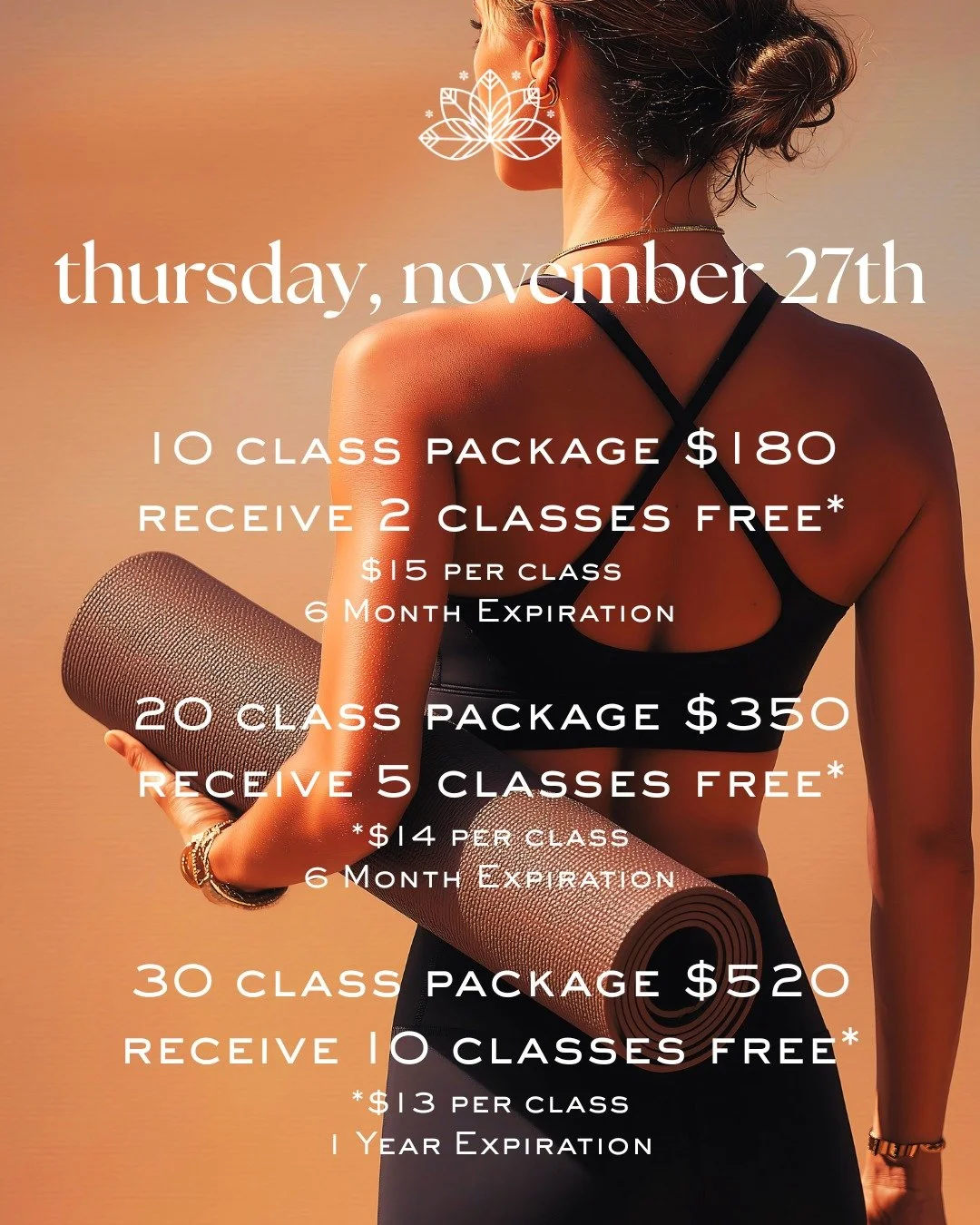 Day 2 of our Thanksgiving Sale is here!

Grab your favorite class packages before they&rsquo;re gone:

12 classes for $180
25 classes for $350
40 classes for $520

Plus, yesterday&rsquo;s special is still available to grab - 3 Months Unlimited for $3