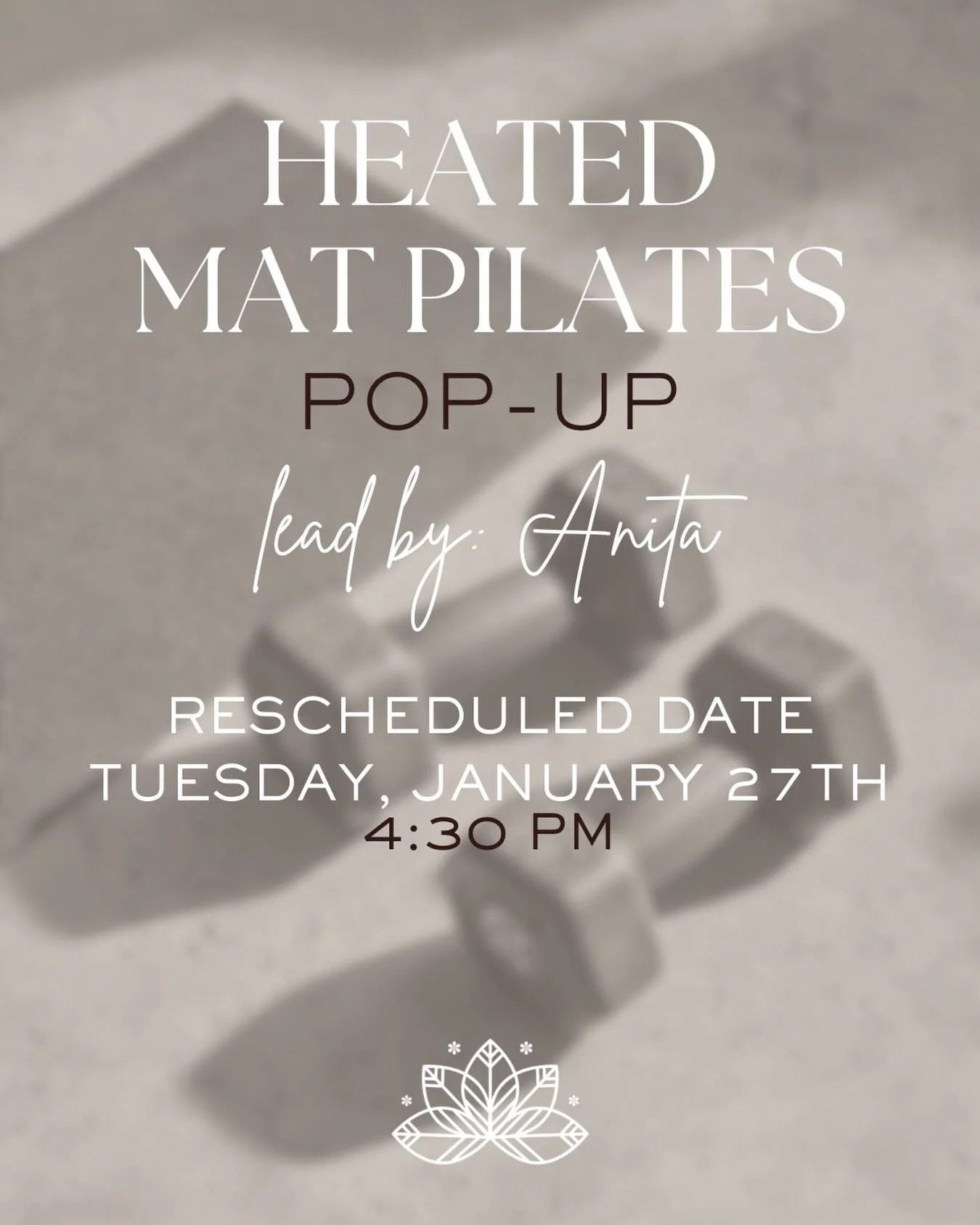 Anita&rsquo;s Heated Mat Pilates class has been rescheduled and is now happening on Tuesday, January 27th at 4:30 PM

Expect deep core work, slow burns, and all the heat you love 🔥
Spots are limited&mdash;make sure you&rsquo;re booked in!