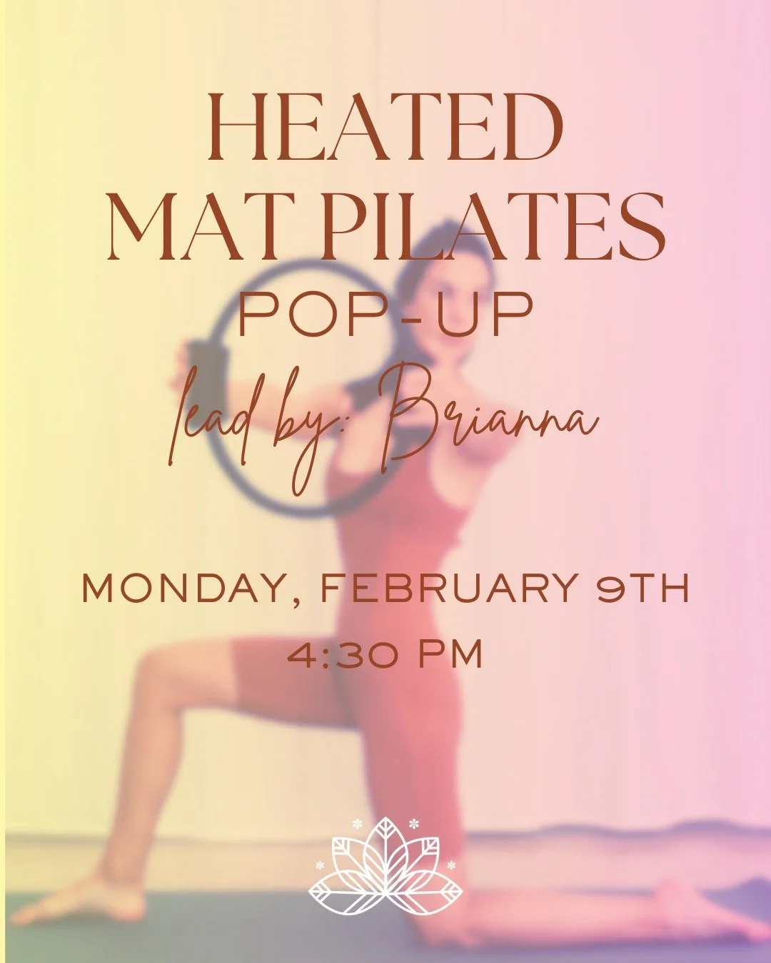 Turn up the heat 🔥

Brianna is bringing the burn with a Heated Pilates Pop-Up on Monday, February 9th at 4:30 PM.

Join us for an energizing afternoon sweat that challenges your strength and leaves you feeling accomplished.

Spots are limited&mdash;