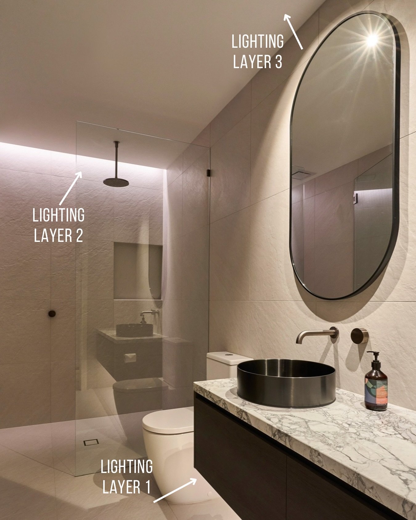 This specific lighting approach might not fit your bathroom setup, but by using varied layers of light (instead of just putting &lsquo;pancake&rsquo; downlights in the middle of the room) you&rsquo;ll be able to create a bathroom that transitions the