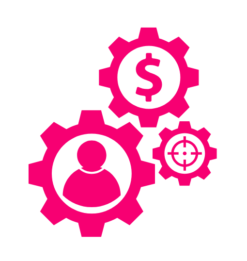 Pink gears with a dollar sign, a person icon, and a target symbol, representing business, finance, and goal achievement.