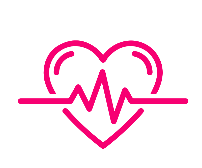 A pink neon heart with an electrocardiogram line running through it on a black background.