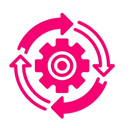 Pink gear icon surrounded by three pink arrows forming a cycle around it, symbolizing process or workflow.