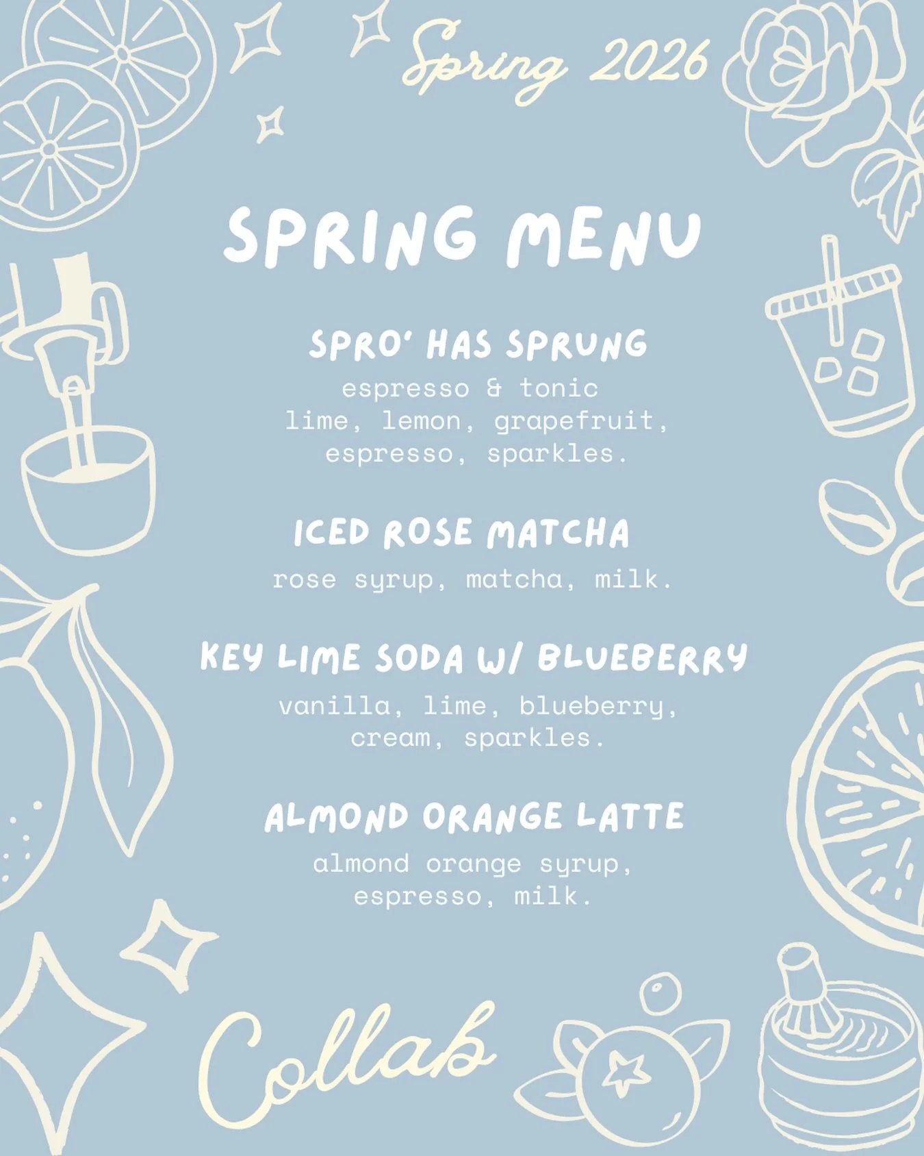 Spring called&hellip; it wants you to sip something new 🌸 

In case you missed it, we dropped our spring menu and it&rsquo;s not one to miss!

Almond Orange, Spro&rsquo; Has Sprung, Rose Matcha, or Key Lime Blueberry - bright, fresh, and citrusy ✨

