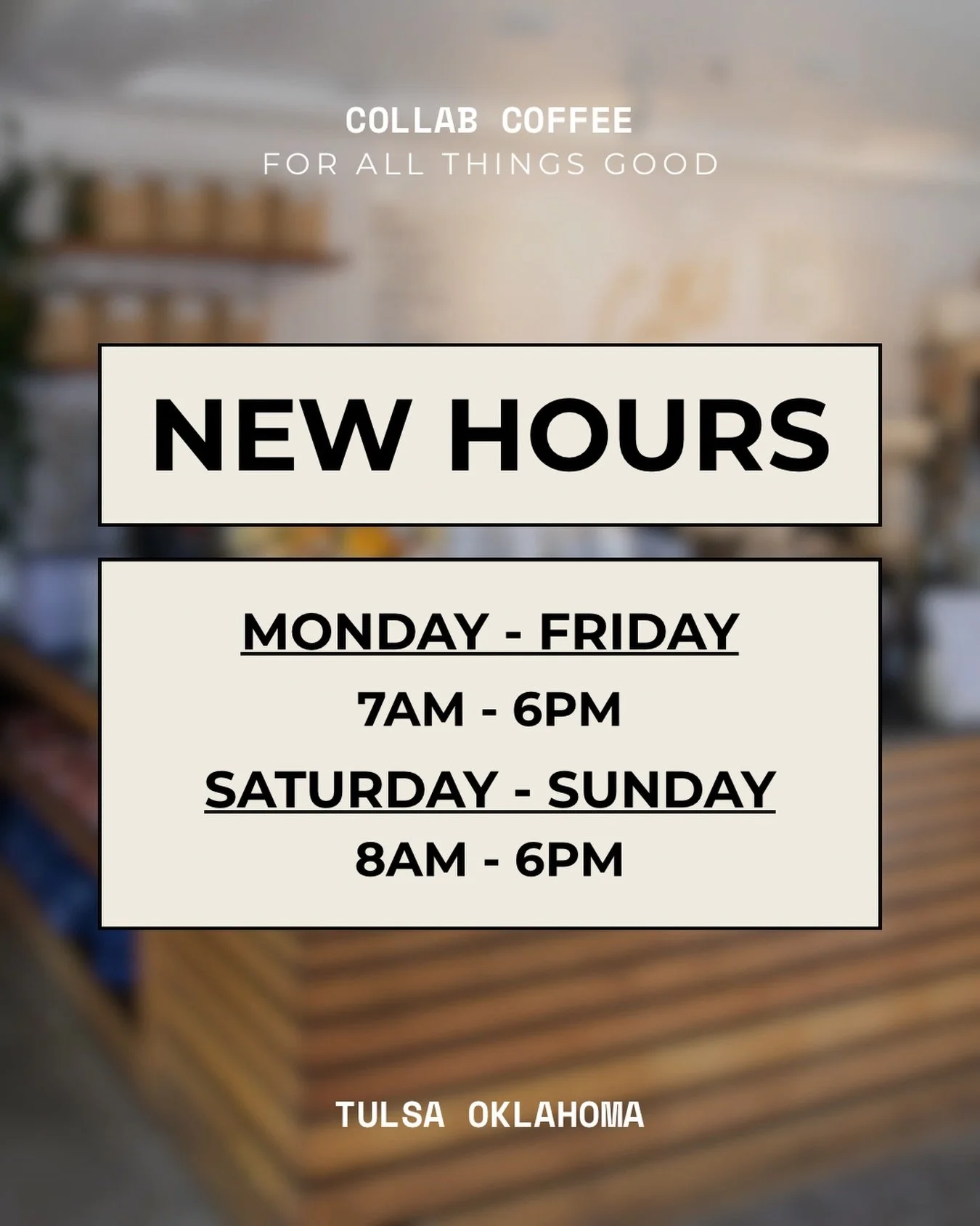 ☕️ New Hours Update ☕️

We are now closing @ 6pm every day. Summer is right around the corner, we can&rsquo;t wait to see you!

#collabcoffee #tulsacoffee #tulsacoffeeshops