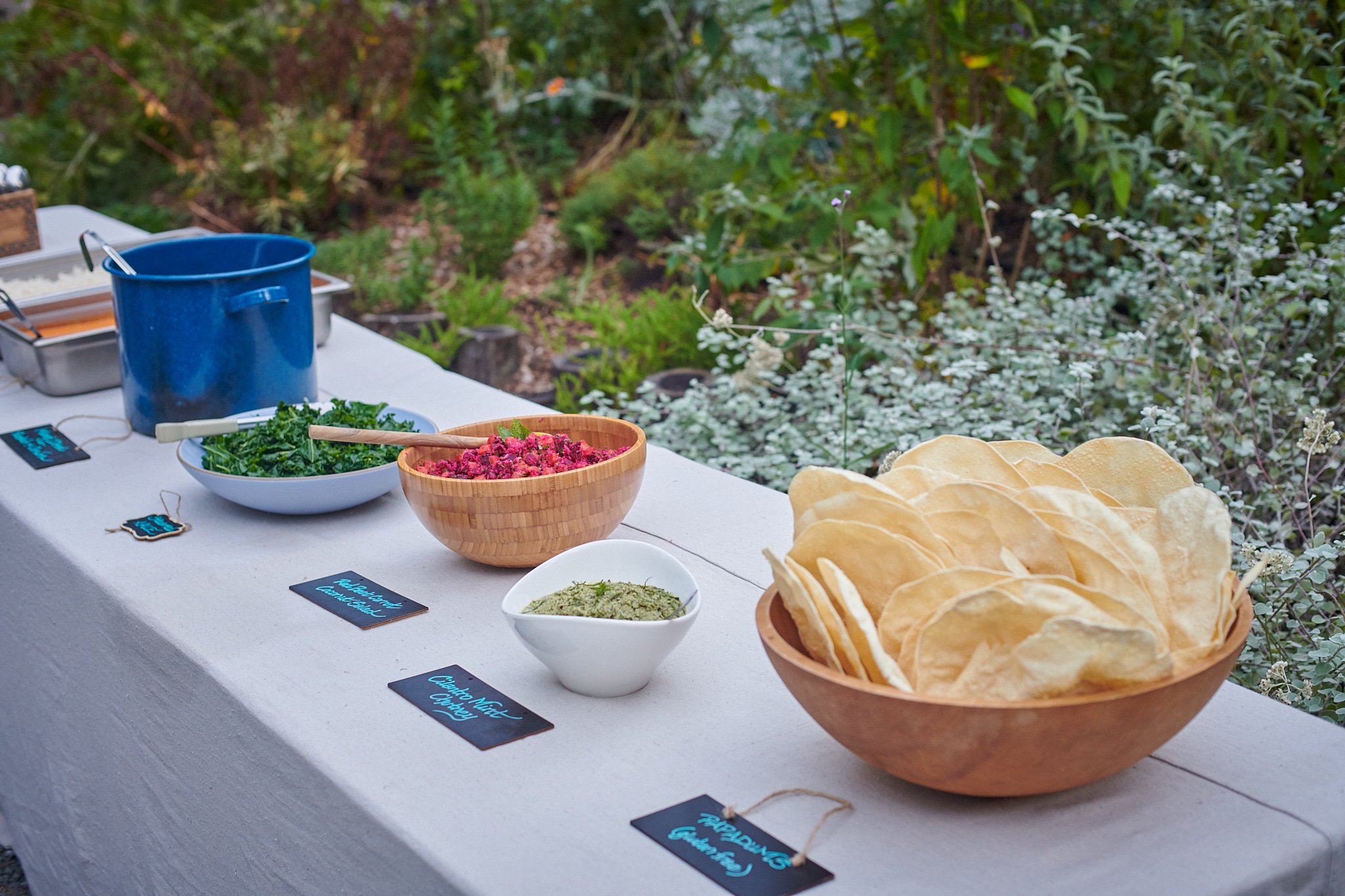 Table with bowls of salad, shredded beets, guacamole, large bowl of tortilla chips, and chalkboard signs in an outdoor garden setting.