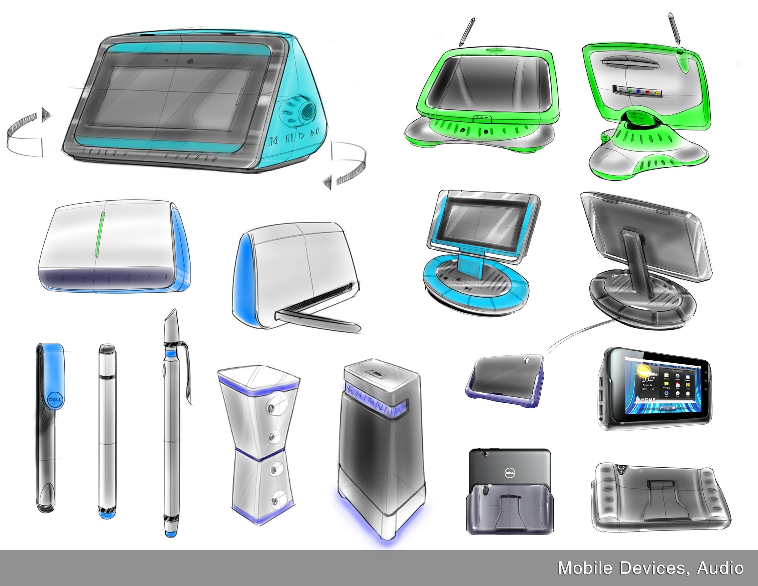 Various consumer electronics sketch renders. media and music