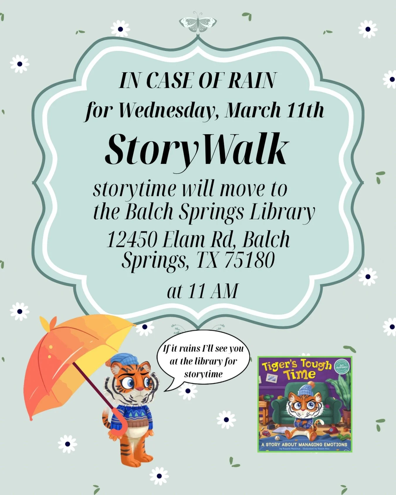 ✨ Just a quick rain plan update for our Storywalk Storytime on Wednesday! ☔️ 

If the weather decides to surprise us, we&rsquo;ll move storytime inside to the Balch Springs Library at 12450 Elam Rd. 

No matter the weather, we&rsquo;re still celebrat