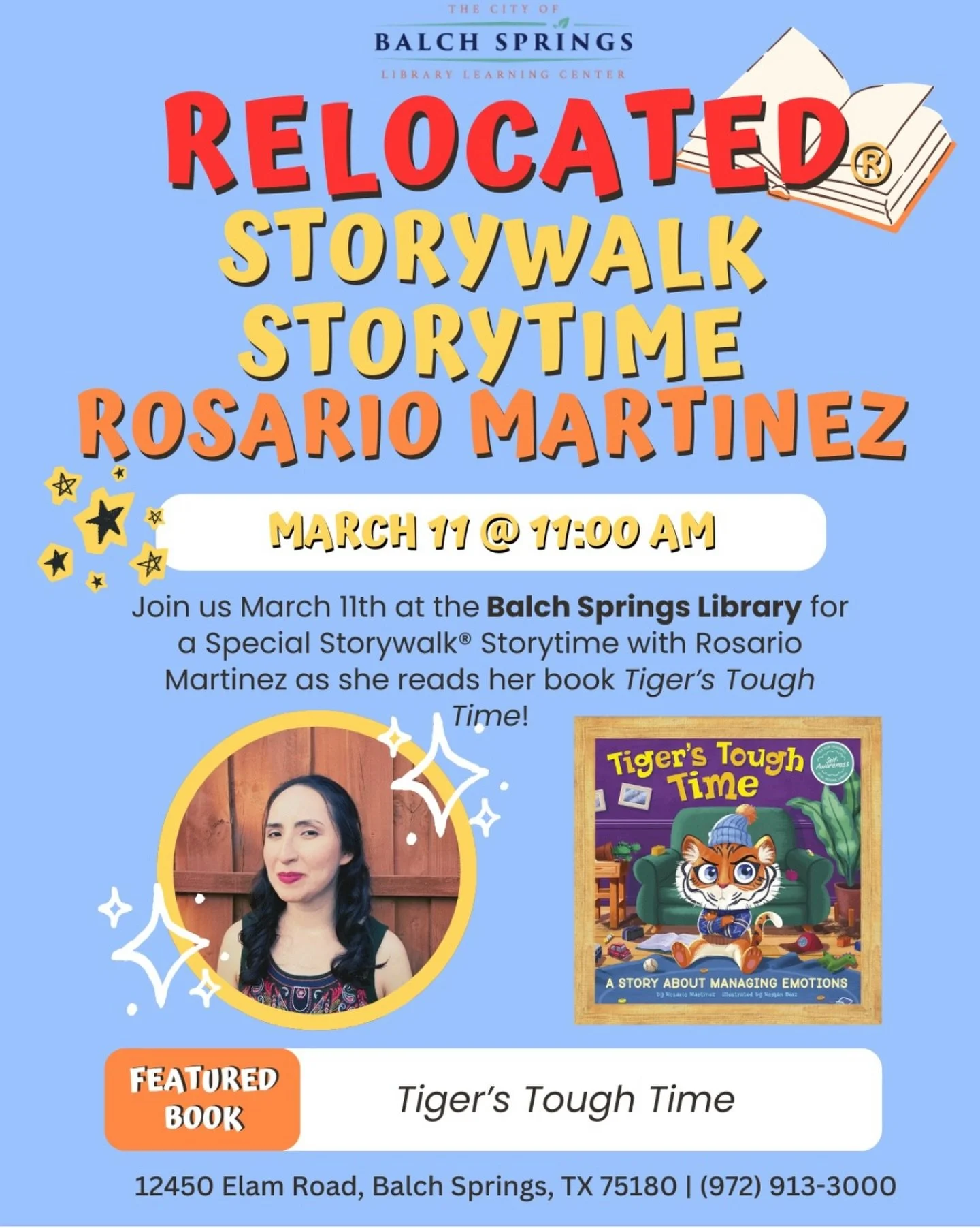 ✨ Due to inclement weather storytime will be at the Balch Springs Library 12450 Elam Rd. 🐯☔️

See you there at 11 am!