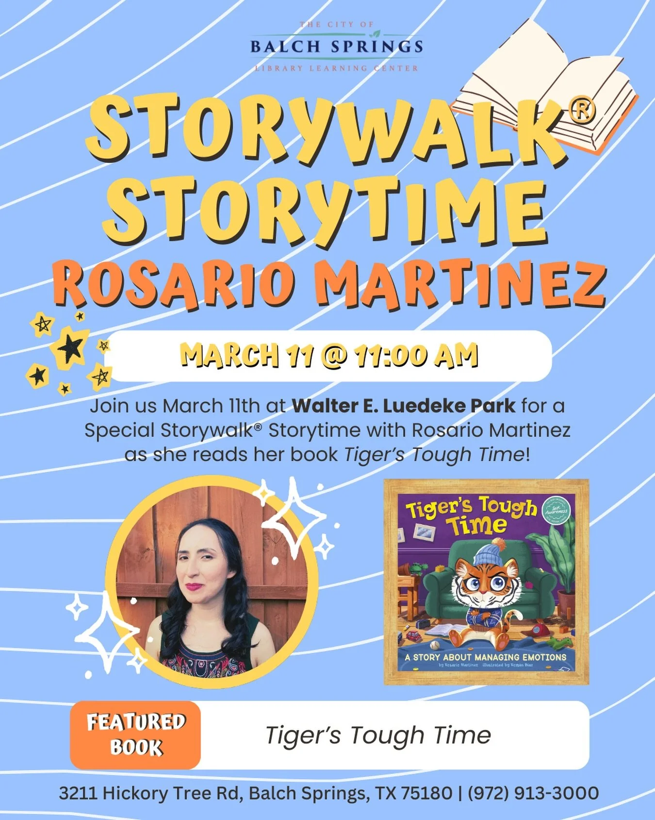 🐯✨ I&rsquo;m thrilled to share that Tiger&rsquo;s Tough Time is part of a StoryWalk at Walter E. Luedeke Park in Balch Springs starting Wednesday, March 11! I will be there for an outdoor storytime at 11 AM. 

This interactive experiences supports s