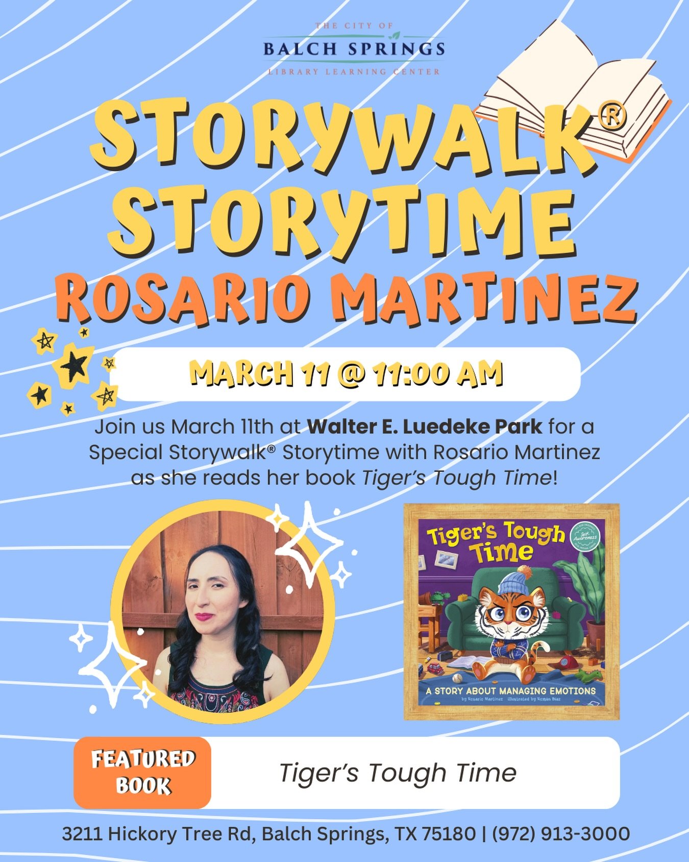 🐯✨ I&rsquo;m thrilled to share that Tiger&rsquo;s Tough Time is part of a StoryWalk at Walter E. Luedeke Park in Balch Springs starting Wednesday, March 11! I will be there for an outdoor storytime at 11 AM. 

This interactive experiences supports s