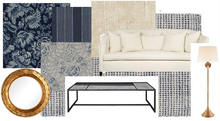 Shop this room: Cisco Home Luccia Sofa, starting at $5520 each, Upholstery Sale starting at $3975; 8x10 Dash &amp; Albert Rug, $2178; Cisco Home Gage Coffee Table, $2740; Mirror, $726; Floor Lamp, $1319 each