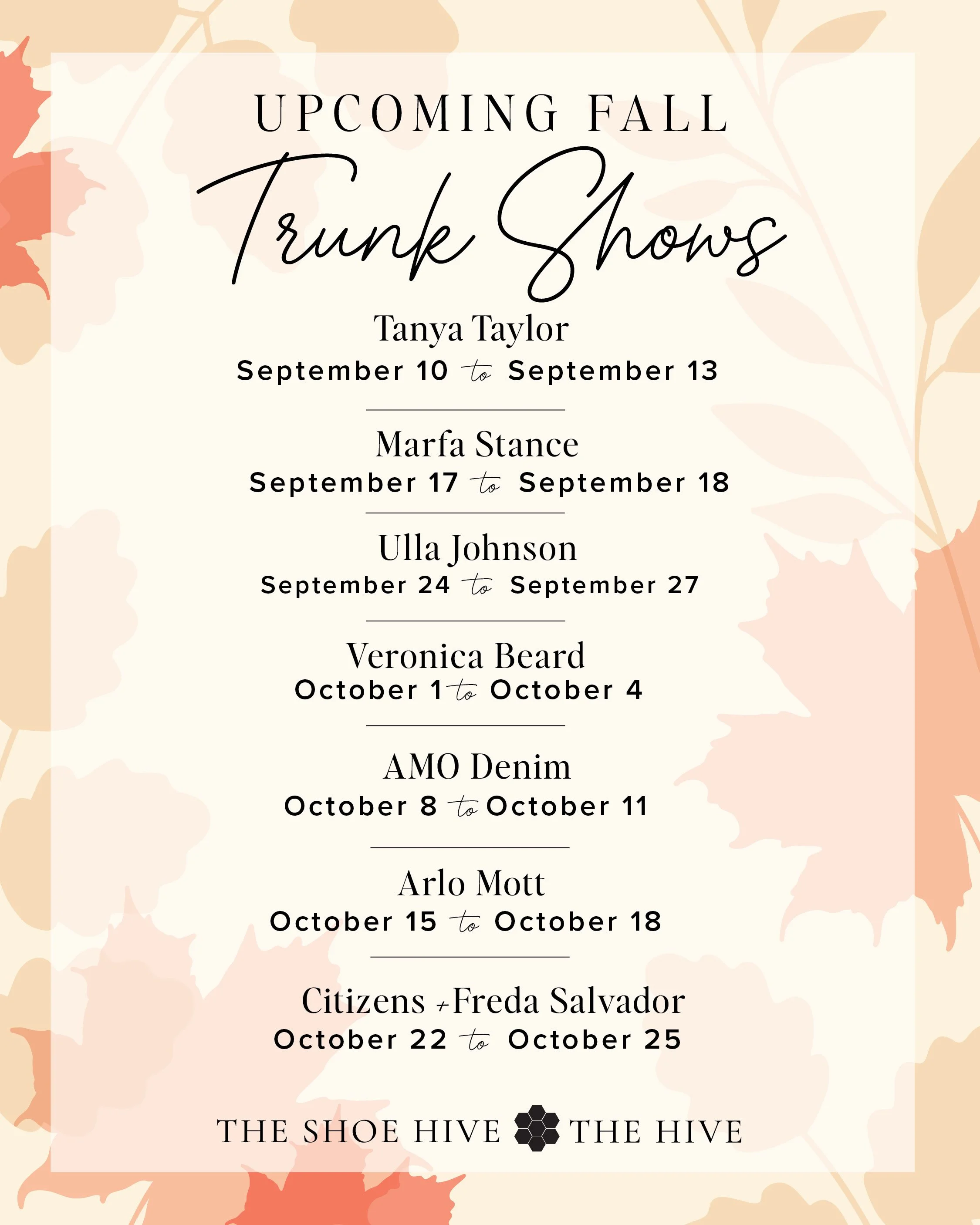Upcoming Fall Trunk Shows at The Hive