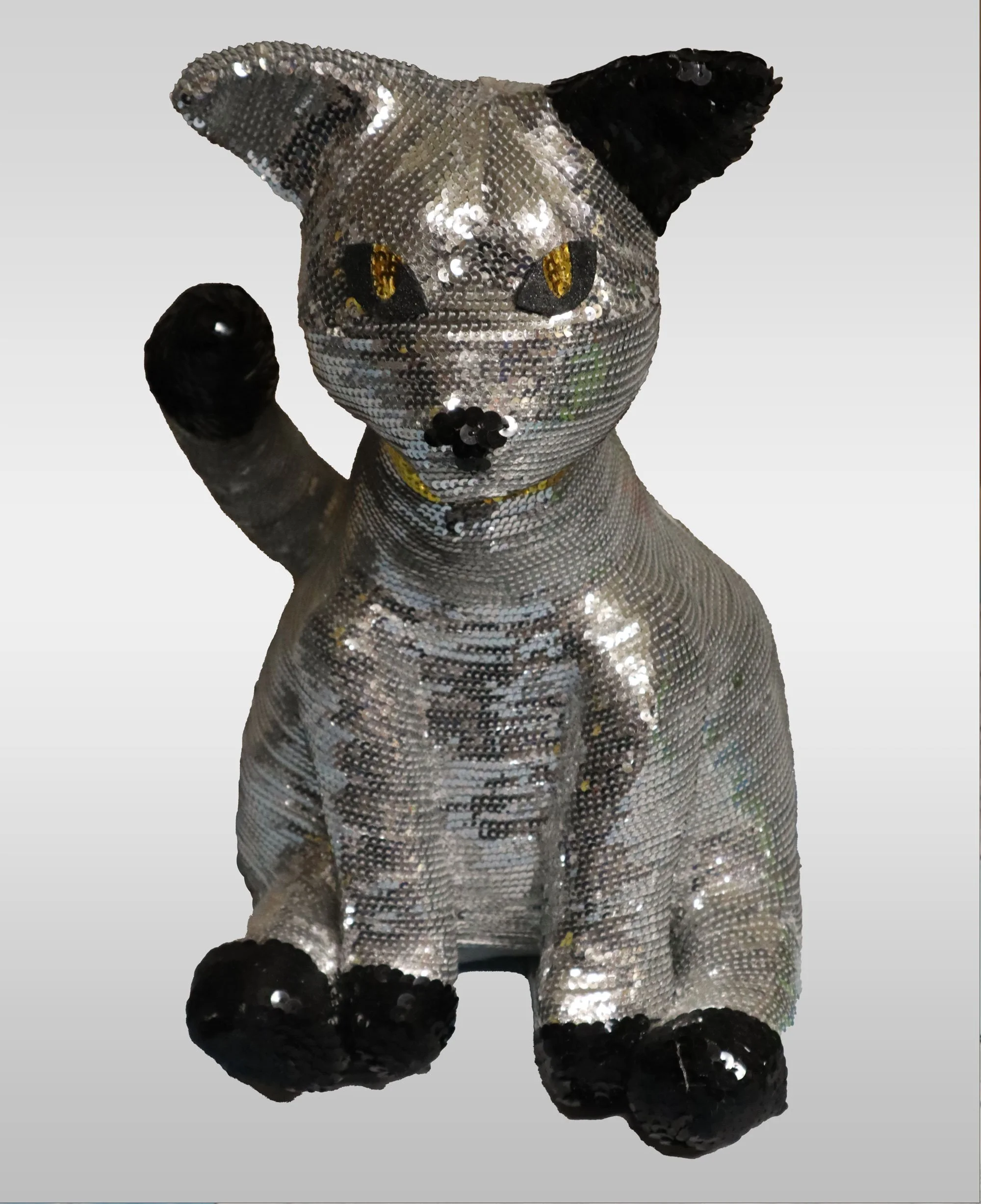 sequin cat made from chicken wire