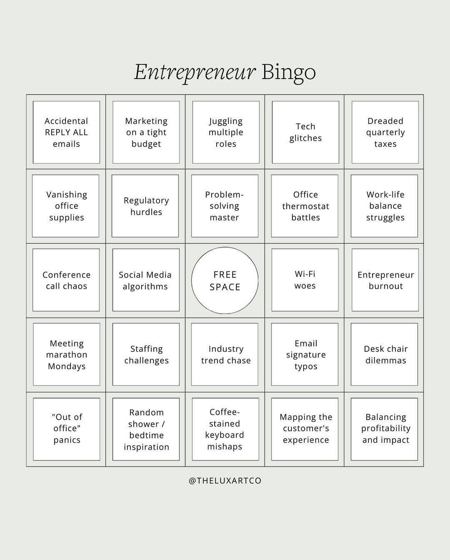 Ready to play Entrepreneur Bingo? 🎲🚀 How many bingos will you get? 🤪🤔

Being an entrepreneur is like riding a rollercoaster&mdash;full of highs, lows, and unexpected twists. The good news, you&rsquo;re not alone on this wild ride! Our bingo game 