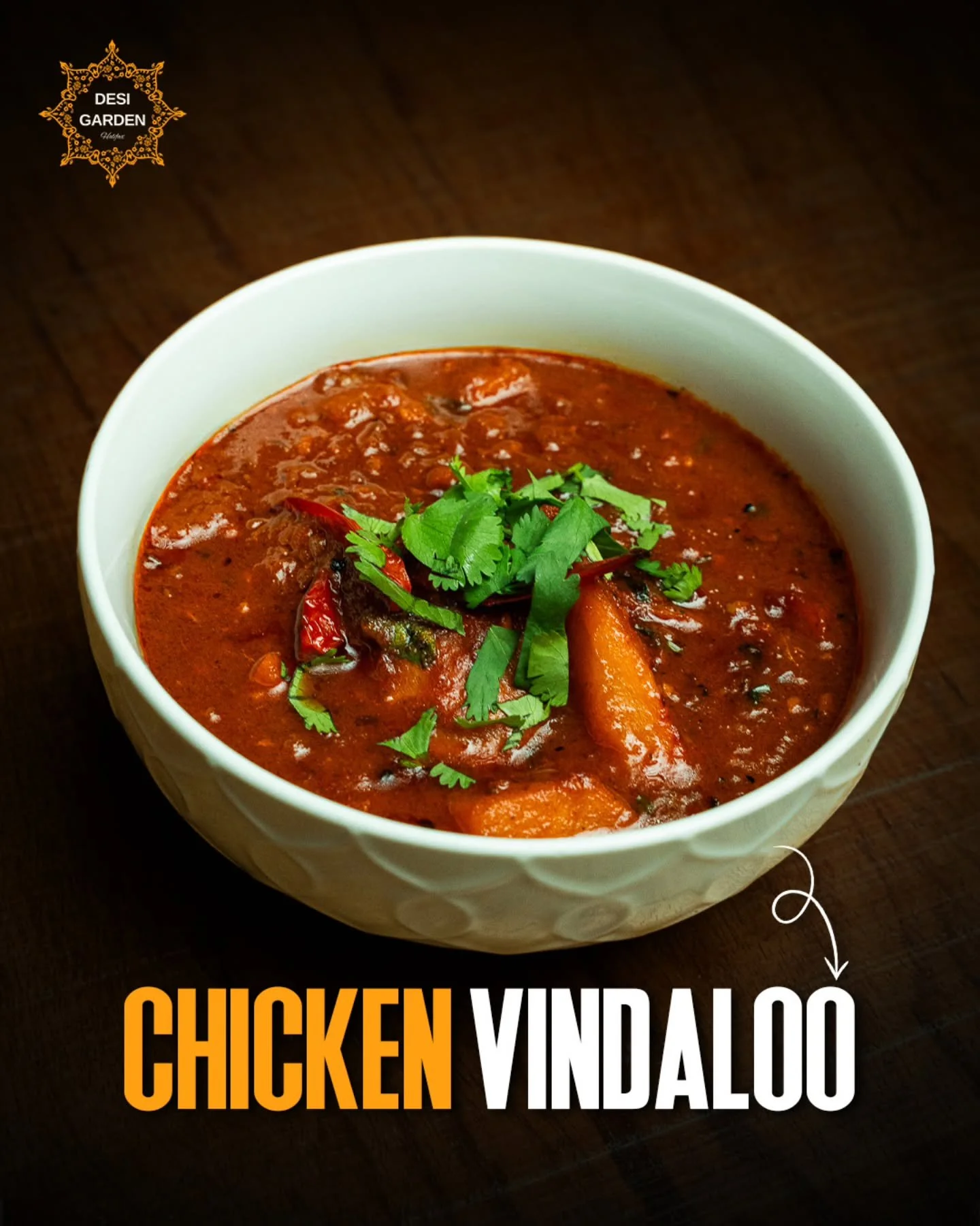 Bold. Fierce. Unforgettable. Our Chicken Vindaloo is a symphony of fire and spice &mdash; slow-cooked to a depth that only patience and the finest ingredients can create. Not for the faint-hearted. For the ones who truly live. Enjoy only at Desi Gard