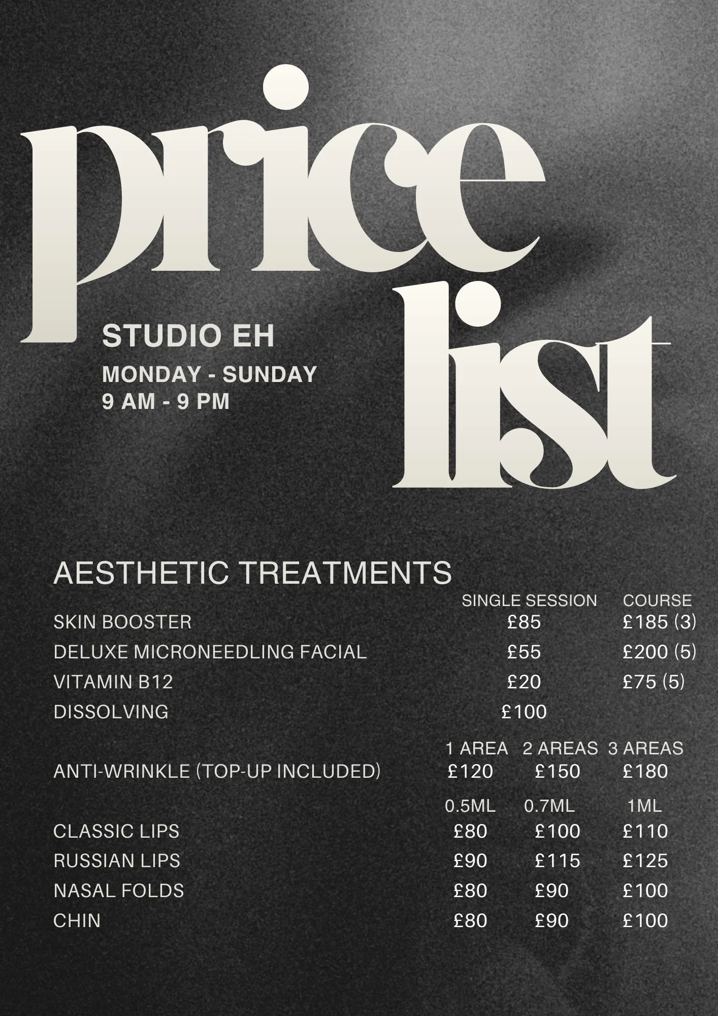 A black and gray advertisement for a beauty salon called 'Price Lush' with operating hours from 9 AM to 9 PM, Monday through Sunday. It lists aesthetic treatment services and their prices for single sessions and courses, including skin booster, deluxe micro-needling facial, vitamin B12, dissolving, anti-wrinkle treatments, lips, nasal folds, and chin.