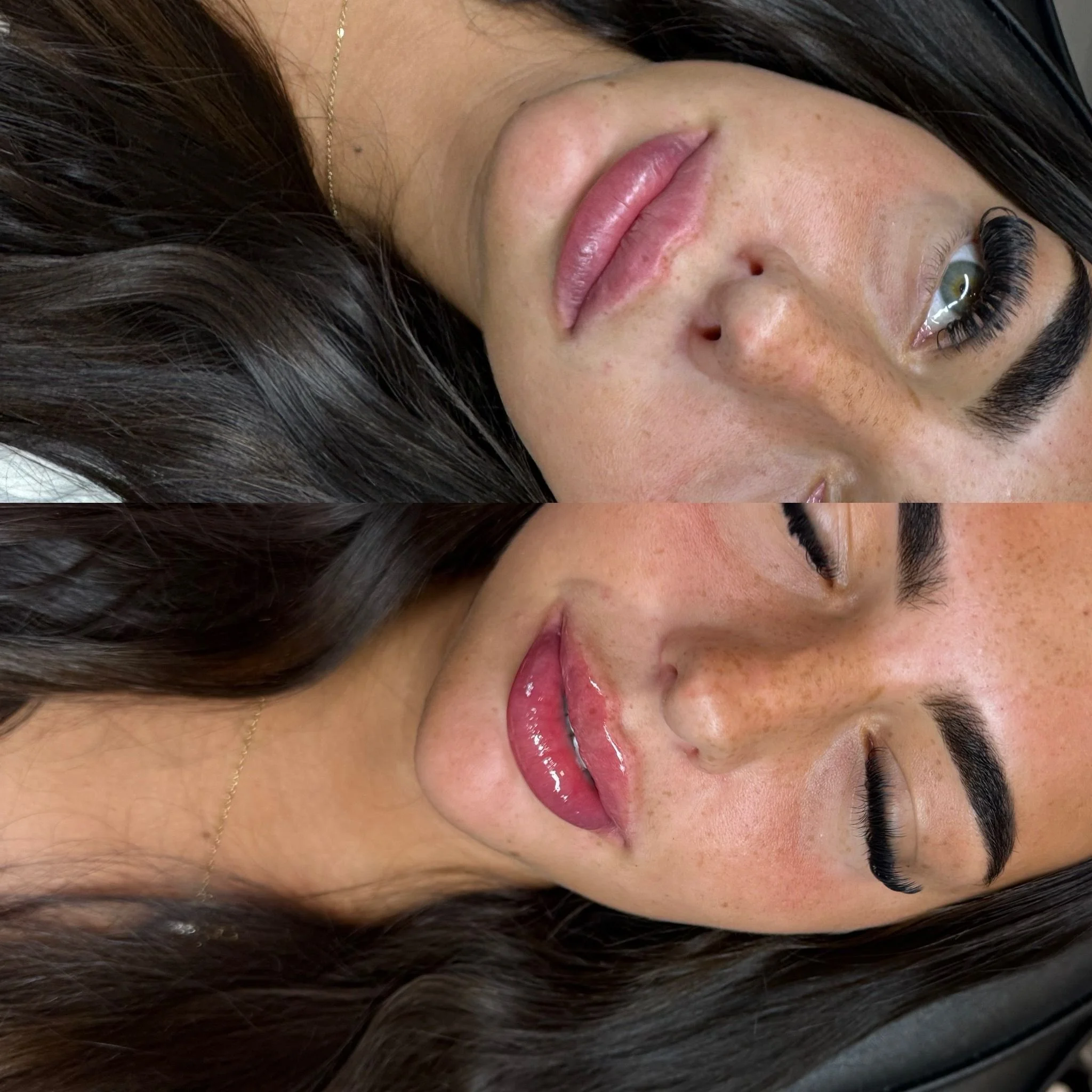 Close-up of a woman's face before and after getting lip gloss and eyelash extensions.