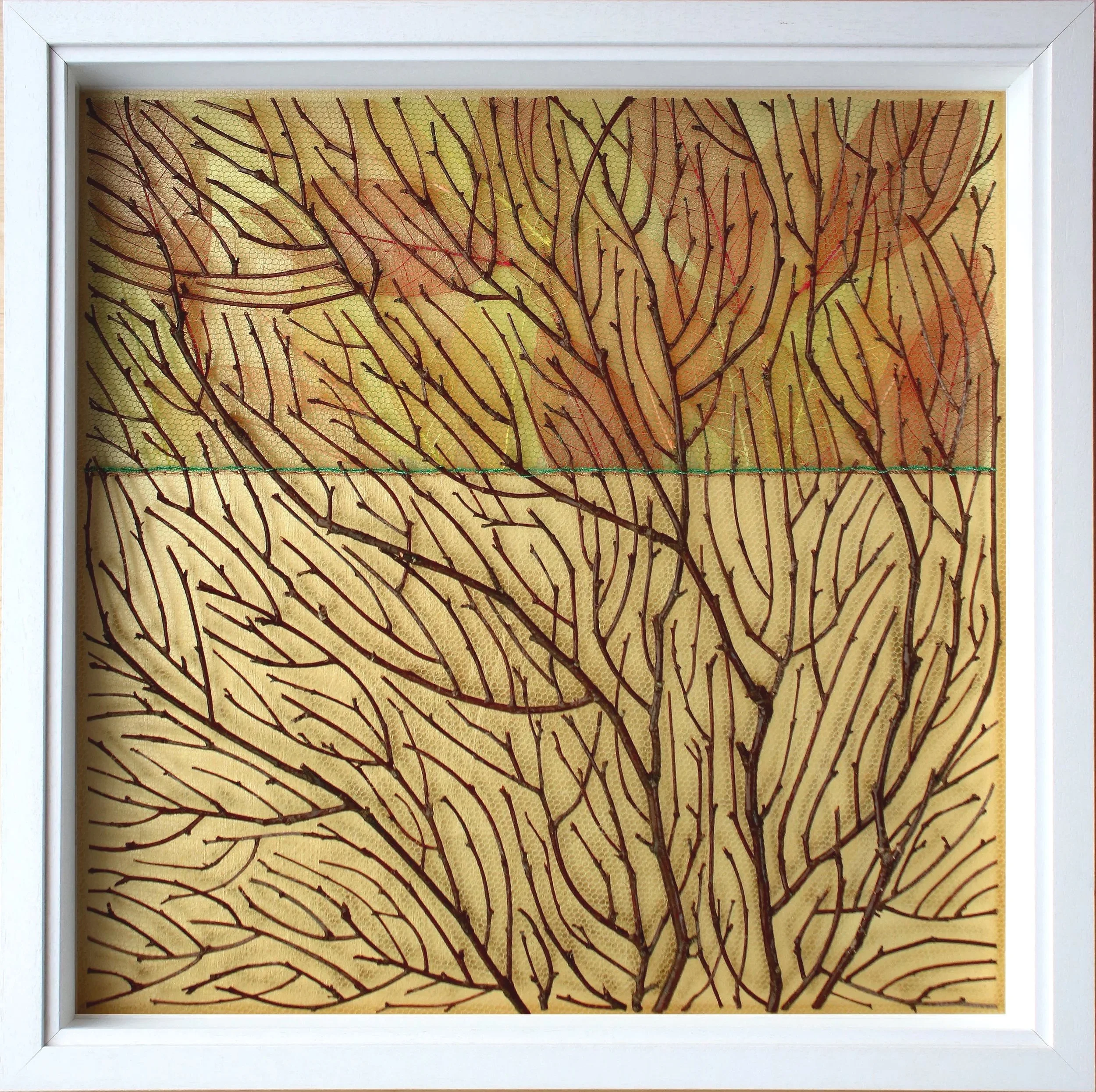 Inside Out (2025). Dried birch twigs, skeletal leaves, metallic thread. 40cm x 40cm. 