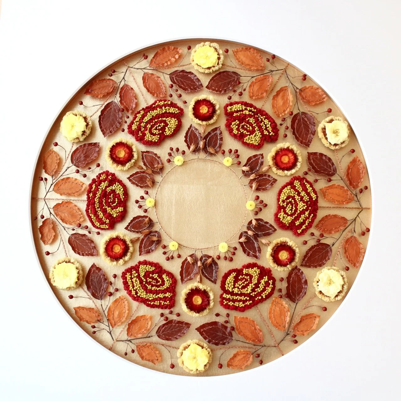 Autumn Roses (2021). Made with 9 dried and preserved plant species including amaranth, strawflower, statice, beech, rose hip. Available - please enquire.