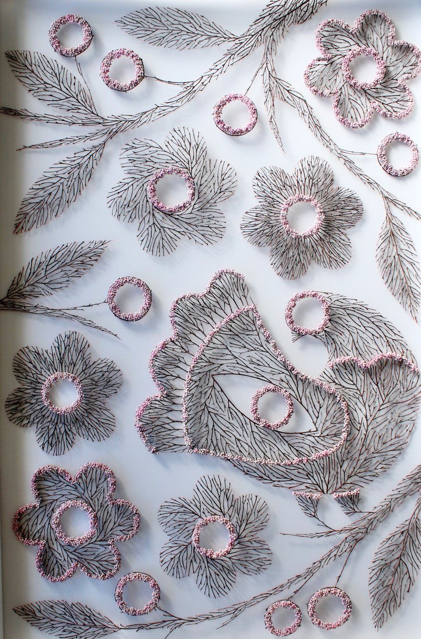 Connections bird tapestry - dried flower embroidery with birch twigs