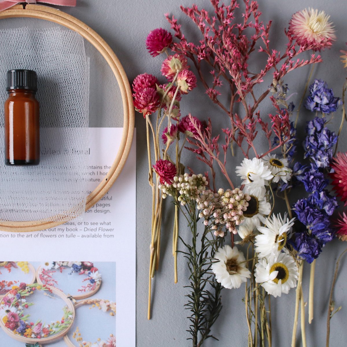 dried flower embroidery, flowers on tulle floral art embroidery hoop kit, DIY dried flowers kit - strawflowers, delphiniums, acrocliniums