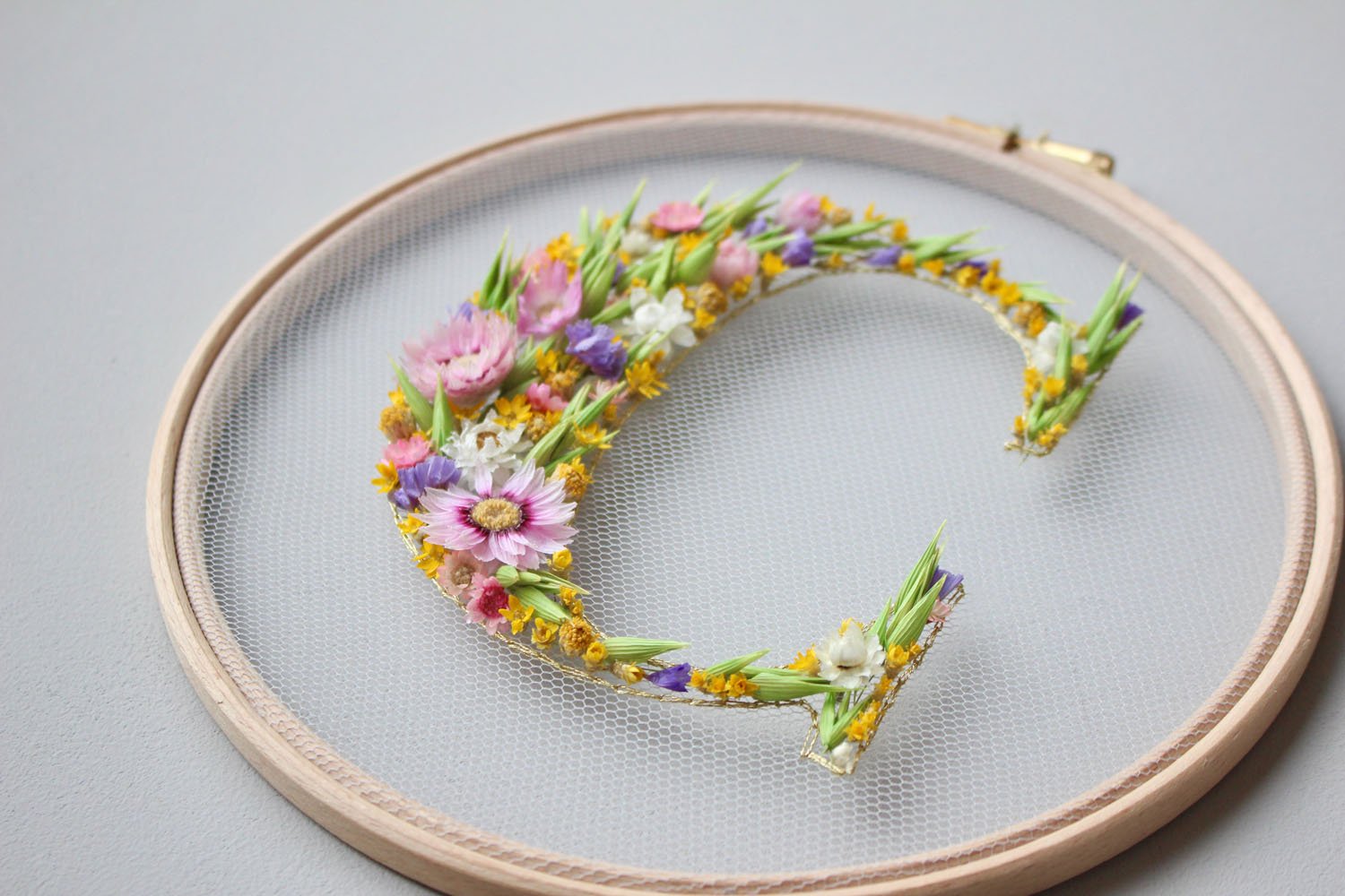 dried flower embroidery, flowers on tulle monogram, botanical typography DIY kit, floral letter, personalised gift