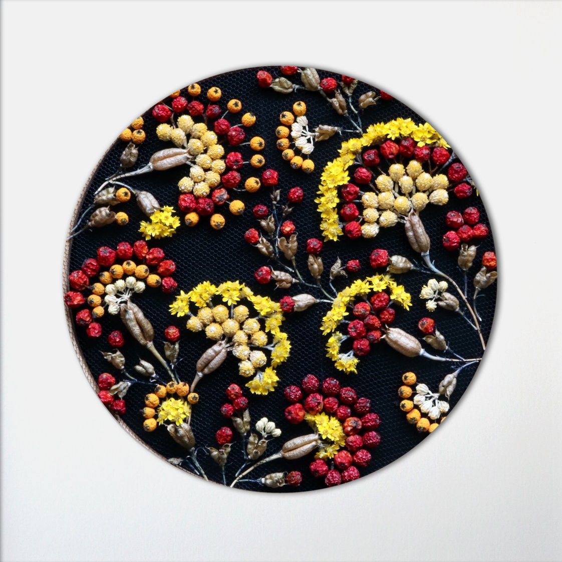 Dried flowers embroidery, botanical embroidery, flowers on tulle by Olga Prinku - dried delphinium seedpods, dried rowan and firethorn berries floral pattern. (not available)