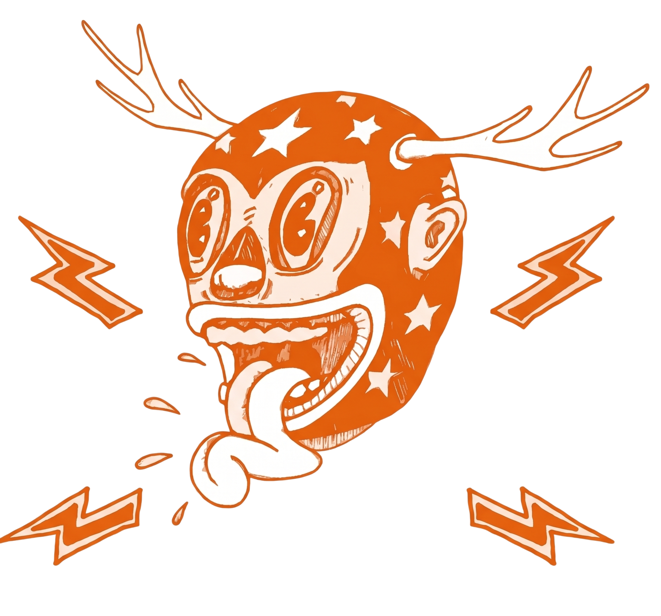 A graphic illustration of a reindeer with stars on its face, set against a red background with orange zigzag accents.
