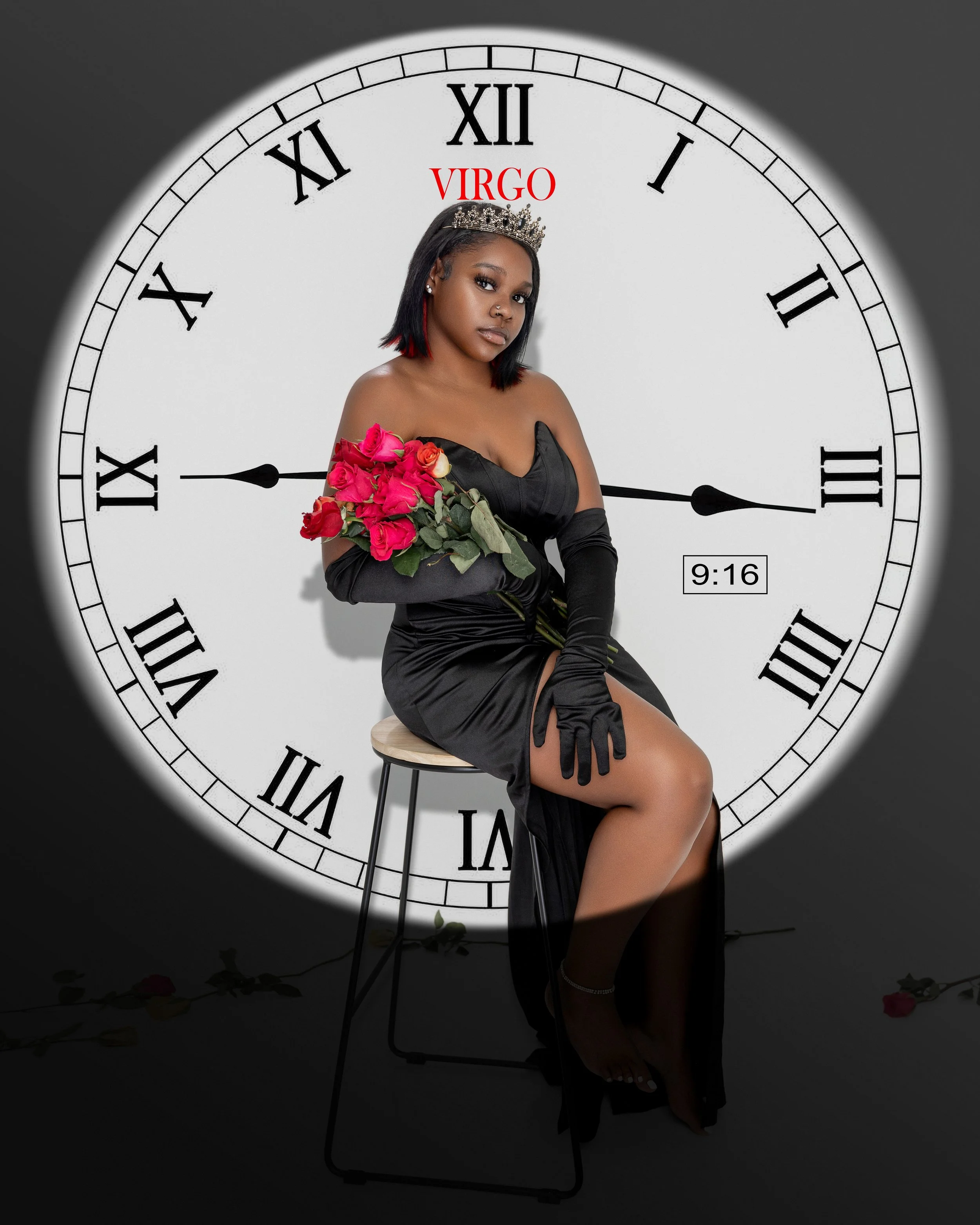 A woman sitting on a stool with her legs crossed, wearing a black dress with a thigh-high slit, black gloves, and a tiara, holding a bouquet of pink roses, with a large clock in the background showing the time 9:16, and the zodiac sign Virgo in red a