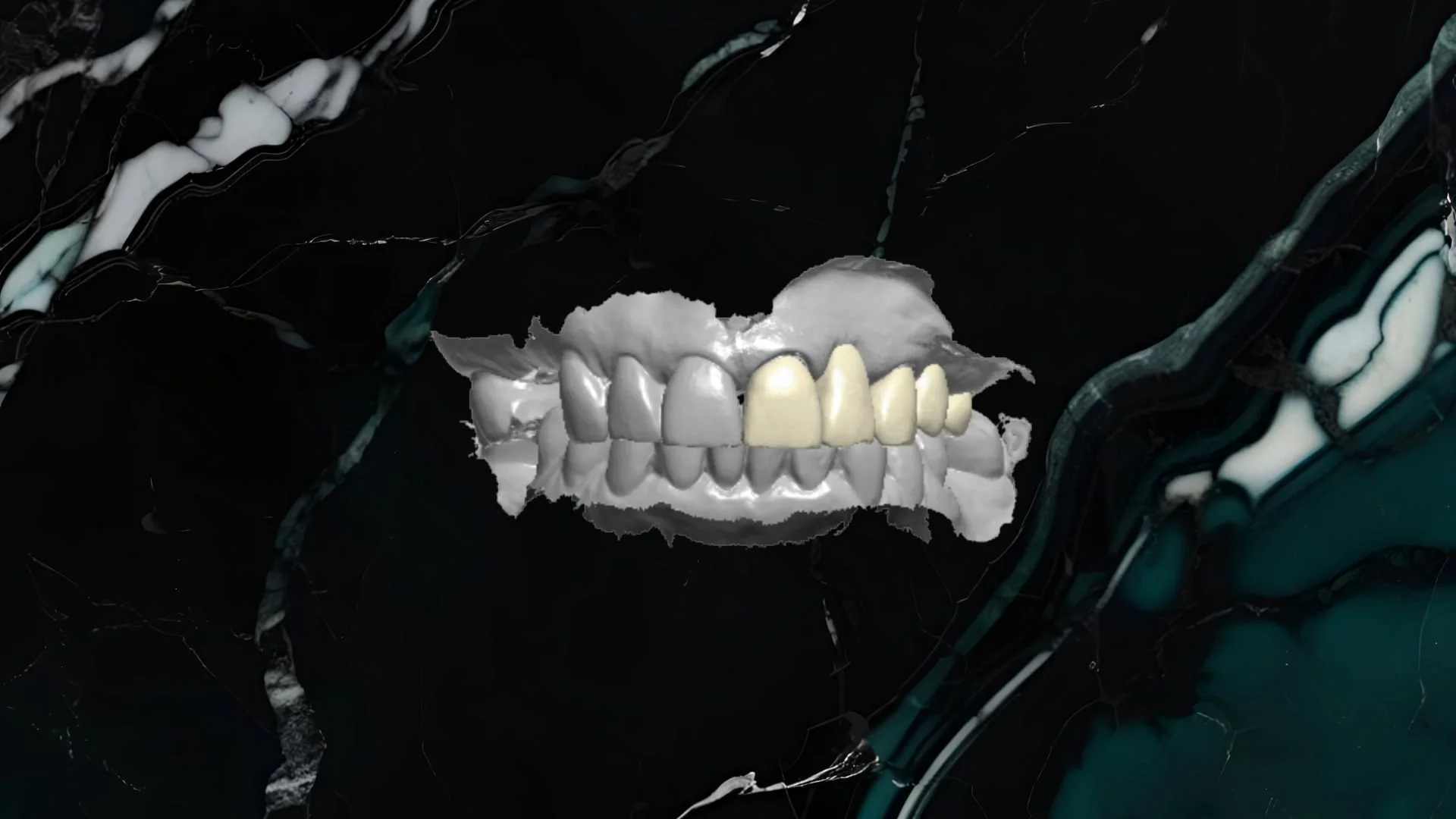 Digital art of a set of teeth in a distorted, abstract background.