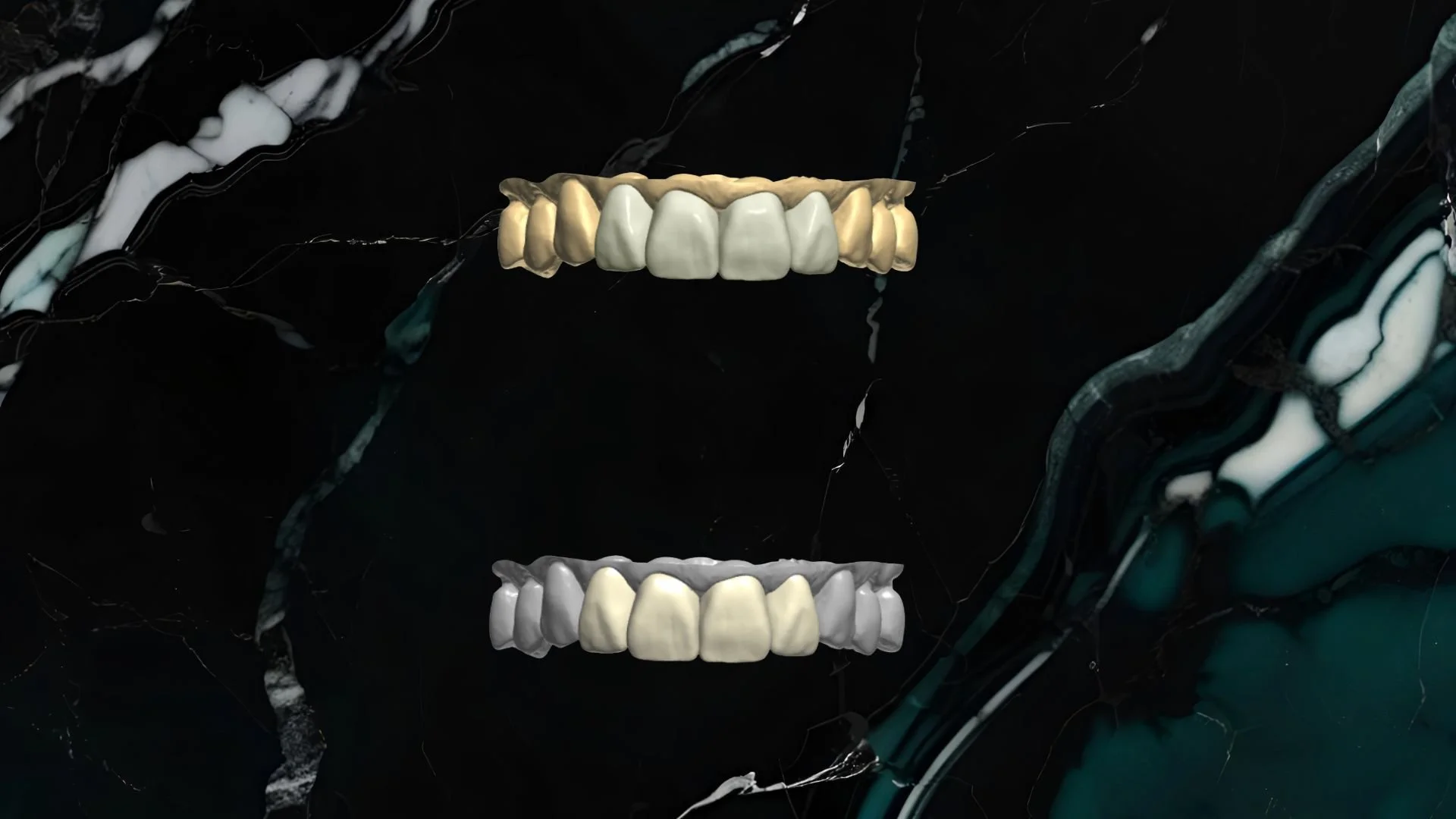 Digital artwork of two sets of teeth, one above the other, floating against a black marble background.
