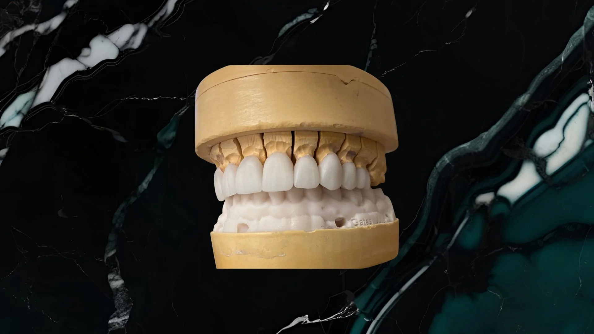Dental model with artificial teeth and jawbone, placed on a dark marble surface.